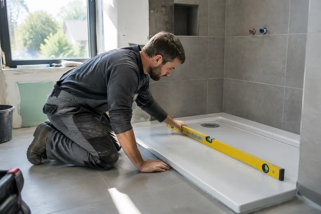 Vérification au niveau à bulle de la pente douche italienne par un artisan plombier