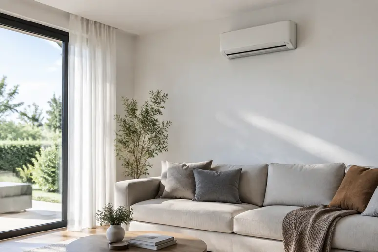 Un climatiseur monobloc mural installé discrètement dans le séjour d'un appartement.