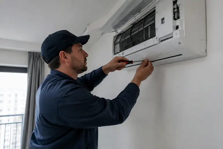 Un installateur professionnel posant une pompe à chaleur sans unité extérieure dans une pièce.