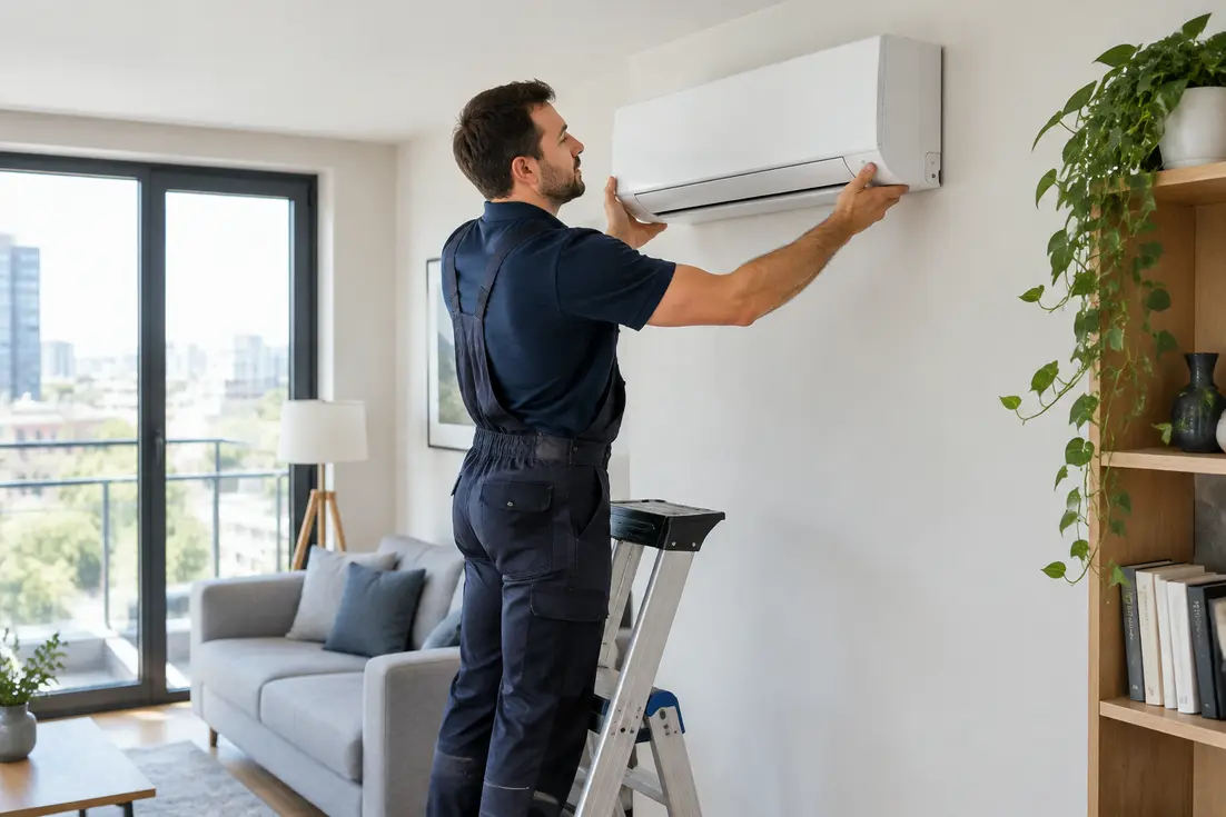Installation d'une pompe à chaleur sans unité extérieure sur le mur d'un salon d'appartement.
