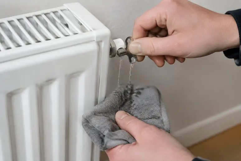 Main ouvrant la vis de purge d'un radiateur pour faire baisser la pression circuit chauffage