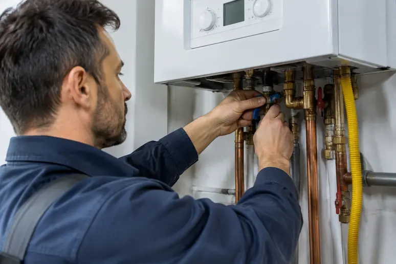 Plombier manipulant les vannes de remplissage d'une chaudière pour ajuster la pression circuit chauffage