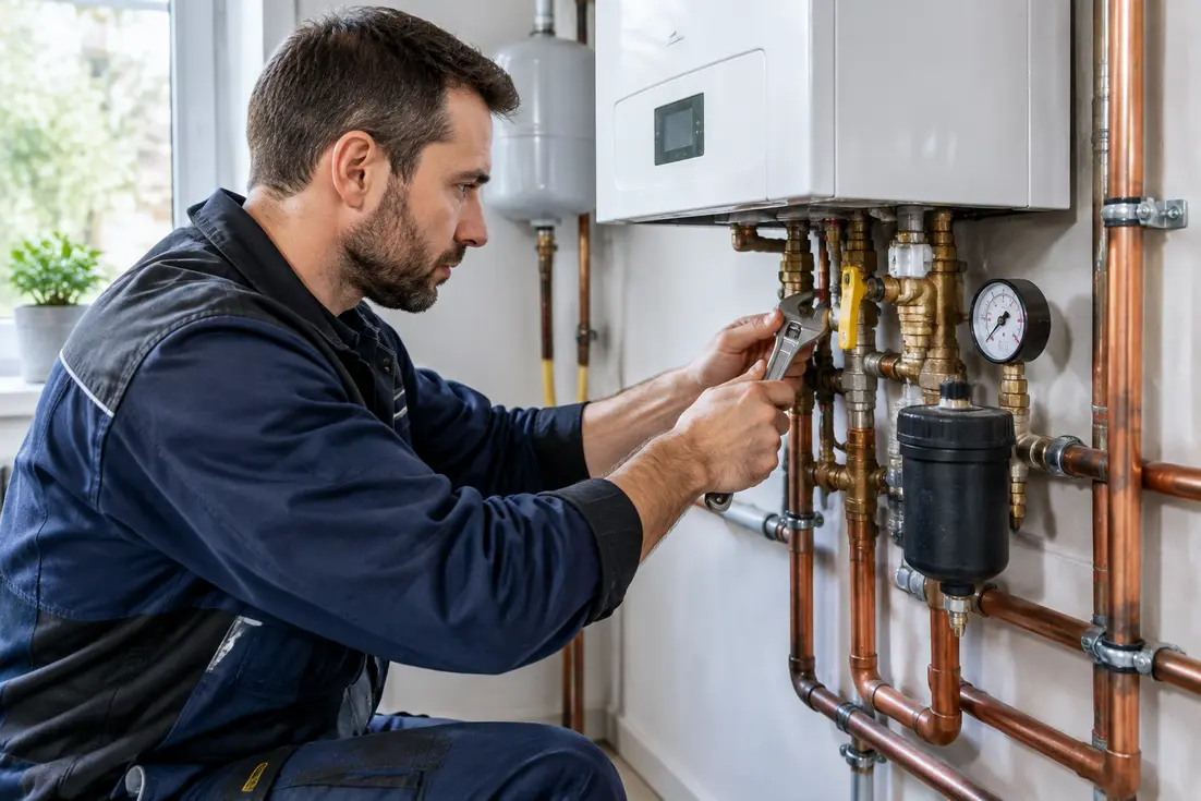 Un technicien règle la pression circuit chauffage sur une chaudière murale avec des outils.