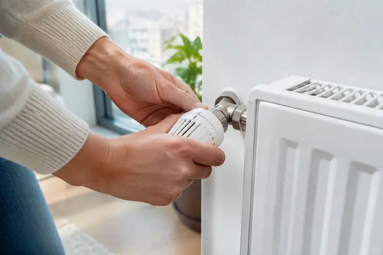 Main ajustant un robinet thermostatique pour éliminer le sifflement d'un radiateur