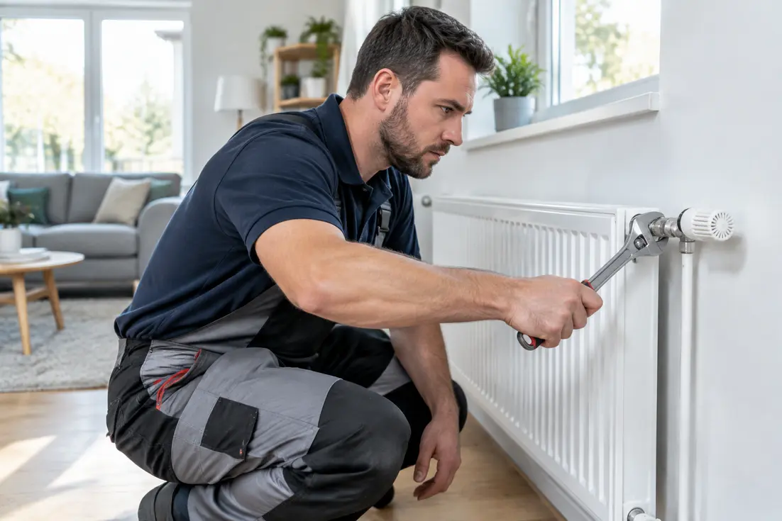 Intervention d'un technicien sur un radiateur qui siffle dans une pièce de vie