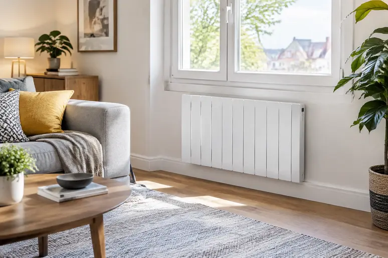 Radiateur électrique à inertie installé sous une fenêtre dans un salon lumineux