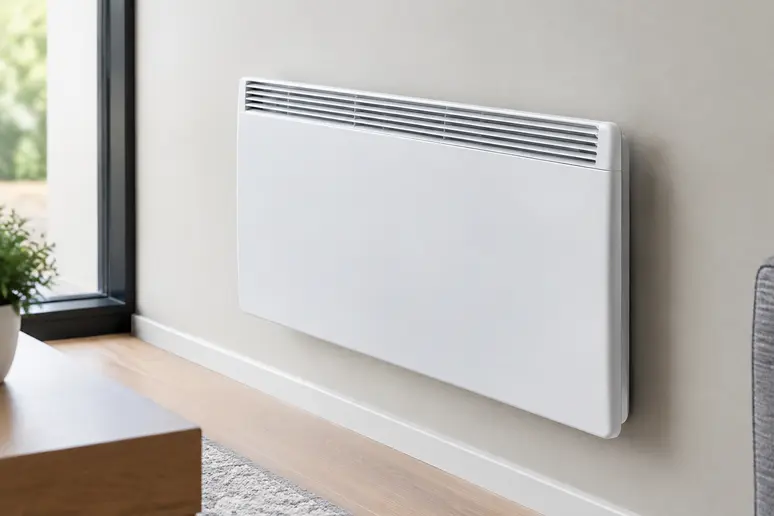 Panneau rayonnant électrique fixé sur un mur blanc dans une habitation