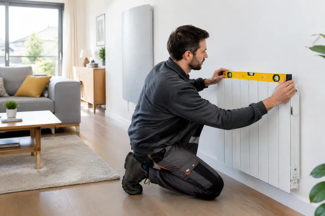Installation d'un radiateur rayonnant ou inertie par un technicien dans un salon moderne