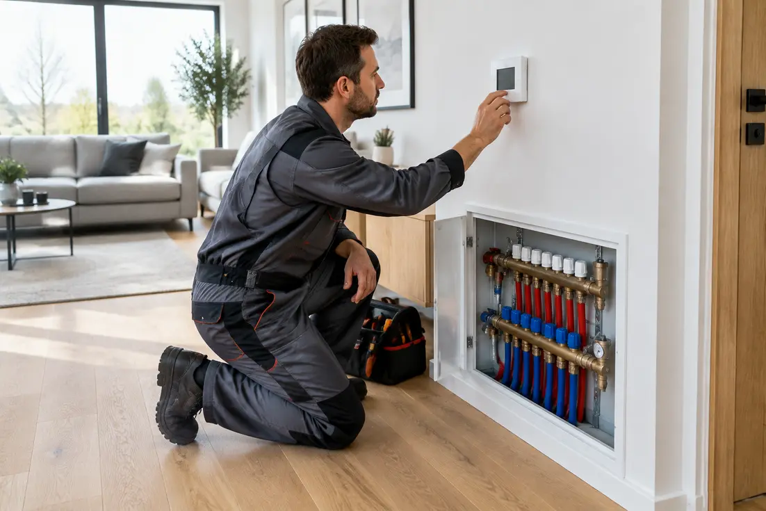 Technicien ajustant un thermostat mural pour optimiser la température plancher chauffant d'un salon