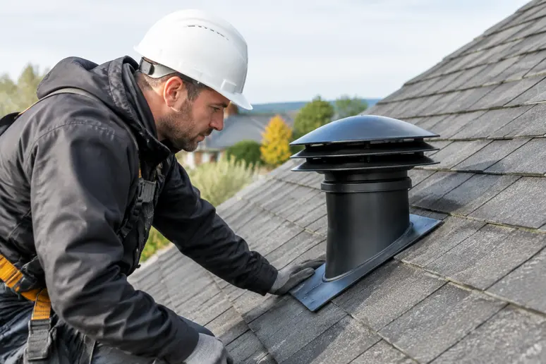 Vérification d'une sortie VMC de toiture avec chapeau de ventilation installé sur le toit