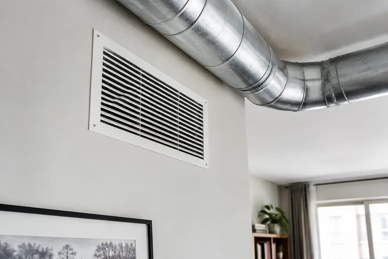 Bouche d'extraction d'une vmc appartement copropriété installée au plafond d'une pièce principale