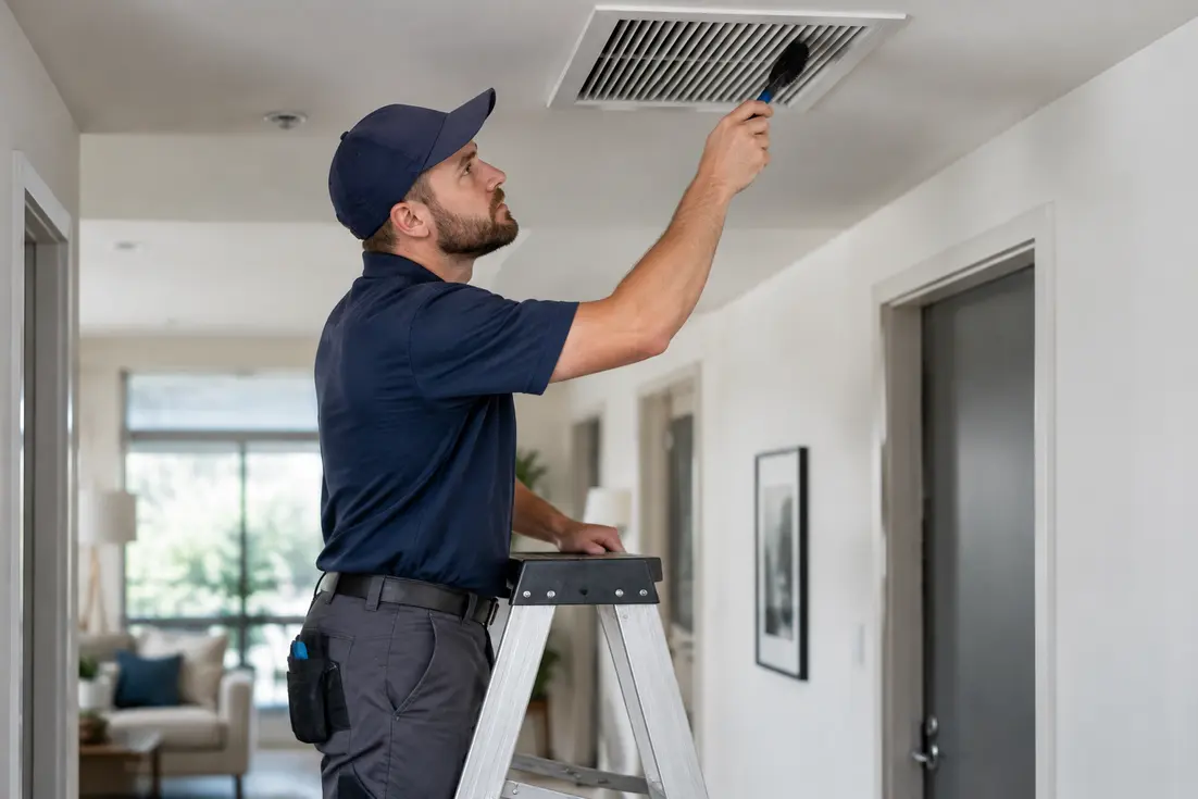 Technicien en train de nettoyer une grille de vmc appartement copropriété au plafond