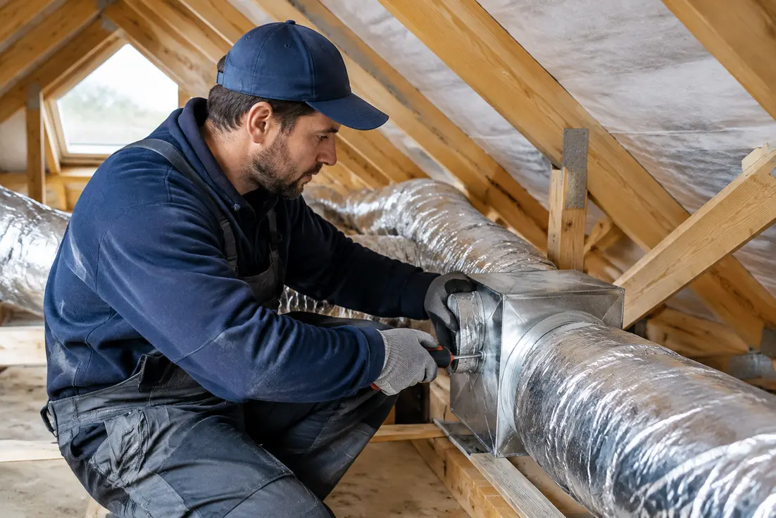 artisan installant correctement une vmc dans les combles avec une gaine isolée