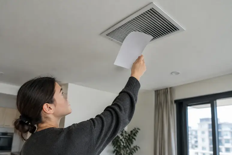 Feuille de papier collée contre une bouche d'extraction pour tester le fonctionnement de la ventilation