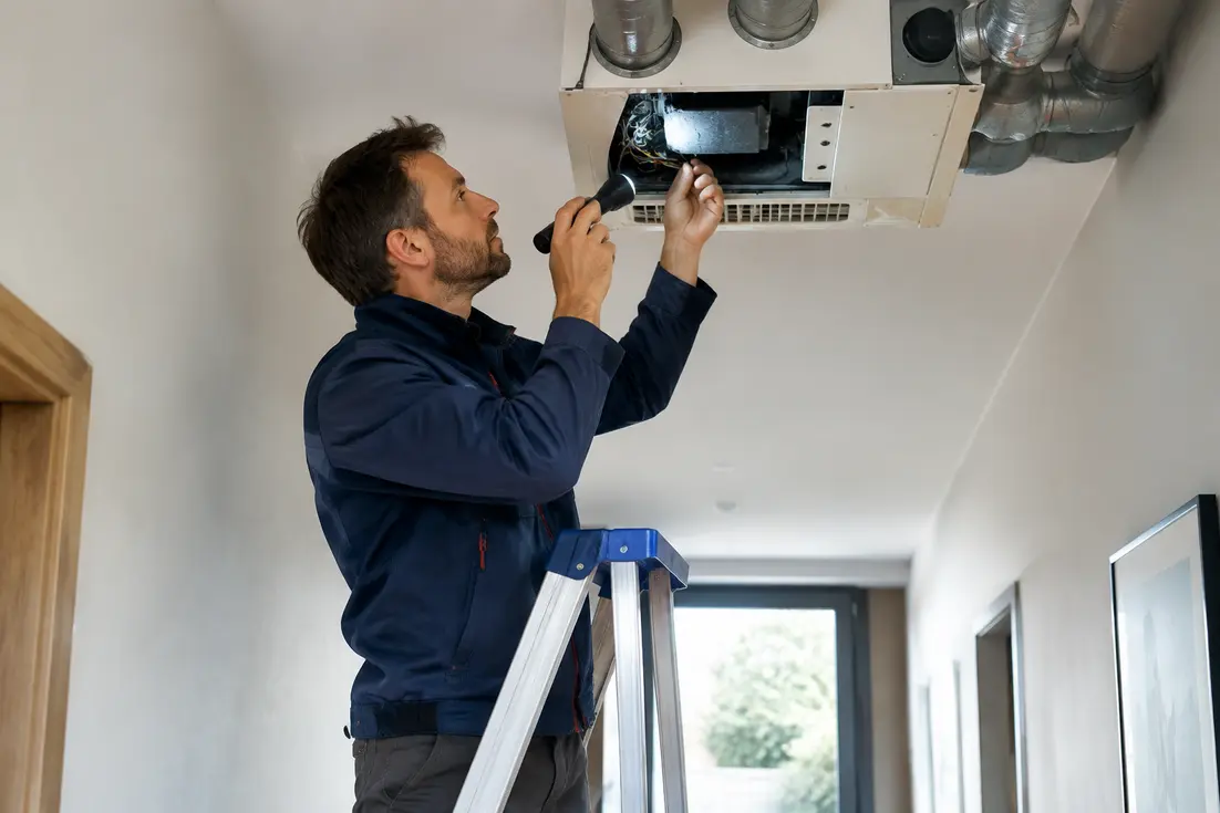 Un technicien inspecte le système de ventilation car votre vmc ne fonctionne plus correctement.